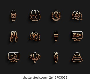 Set line Bodybuilder muscle, Lotus flower, Smart watch, Carrot, Stack hot stones, Sleepy,  and Pipette with oil icon. Vector