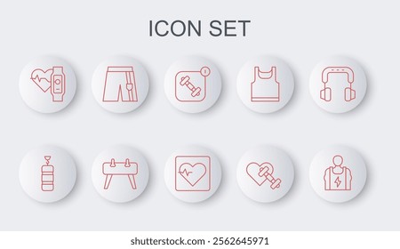 Set line Bodybuilder, Punching bag, Fitness app, Dumbbell with heart, Smart watch, Short or pants, Pommel horse and Heart rate icon. Vector