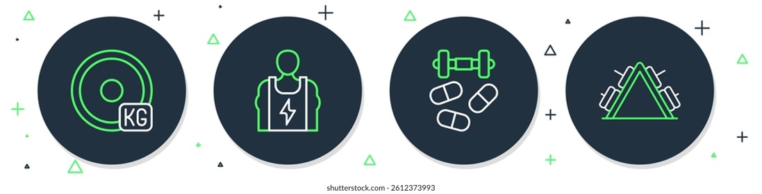 Set line Bodybuilder, Sports doping with dumbbell, Weight plate and Metal rack weight icon. Vector