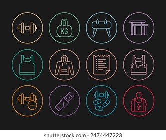 Set line Bodybuilder, Sweaty sleeveless t-shirt, Pommel horse, Hoodie, Sleeveless, Dumbbell, Sport training program and Weight icon. Vector