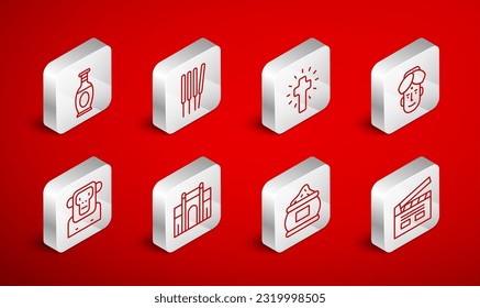 Set line Bollywood indian cinema, Aroma sticks, incense, Christian cross, Indian man, spice, vase, Gate Delhi and Monkey icon. Vector