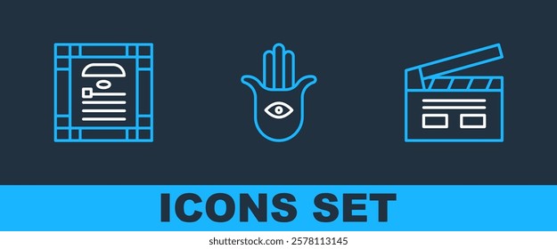 Set line Bollywood indian cinema, India constitution day and Hamsa hand icon. Vector