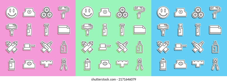 Set line Bolt cutter, Paint, gouache, jar, dye, Paper adhesive sticker, spray can, Marker pen, roller brush, Smile face and  icon. Vector