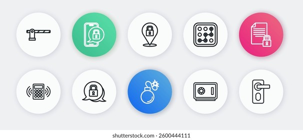 Set line Bomb, Document and lock, Security keypad access panel, Safe, Graphic password protection, Lock, Fingerprint door and  icon. Vector