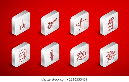 Set line Bomb explosion, Howitzer, Plane, Hand smoke grenade, Peace, Shovel, Military knife and  icon. Vector