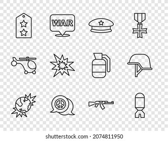 Línea Tierra explosiva bomba, lanzador de cohetes, boina militar, paz, rango, explosión, subametralladora e icono de casco. Vector