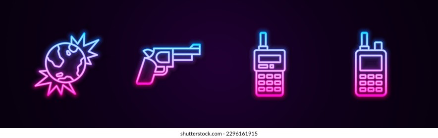 Set line Bomb explosive Erde, Pistol oder Pistole, Walkie Talkie und . Leuchtendes Neonsymbol. Vektorgrafik
