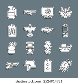 Set line Bomba explosiva planetaria, tanque militar, lanzacohetes, Locación de paz, avión, Chevron, granada de mano e ícono de rifle M16A1. Vector
