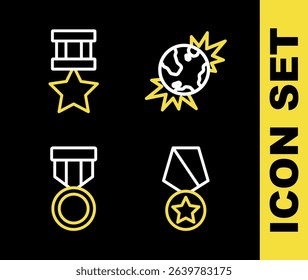 Set line Bomb explosive planet earth, Military reward medal,  and  icon. Vector