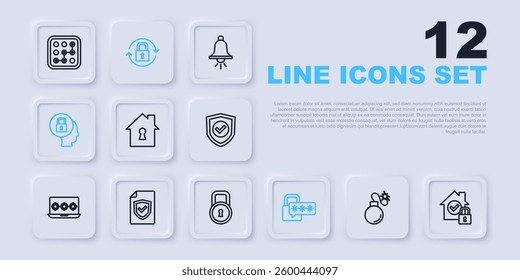 Set line Bomb, House under protection, Cyber security, Lock, Contract with shield,  and  icon. Vector