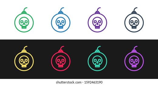 Set line Bomb ready to explode icon isolated on black and white background. Happy Halloween party.  Vector Illustration
