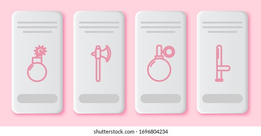 Set line Bomb ready to explode, Medieval axe, Hand grenade and Police rubber baton. White rectangle button. Vector