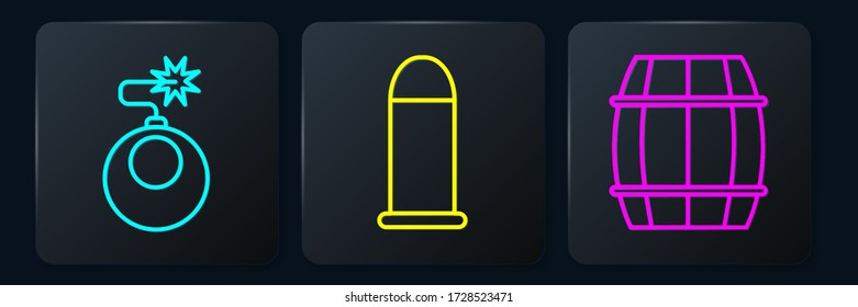 Set line Bomb ready to explode, Wooden barrel and Bullet. Black square button. Vector