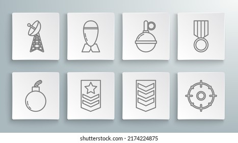 Set Line Bomb Ready To Explode, Aviation Bomb, Chevron, Military Rank, Target Sport For Shooting Competition, Hand Grenade, Reward Medal And Radar Icon. Vector