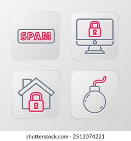 Definir linha Bomba pronta para explodir, Casa sob proteção, Bloquear monitor do computador e ícone de spam. Vetor