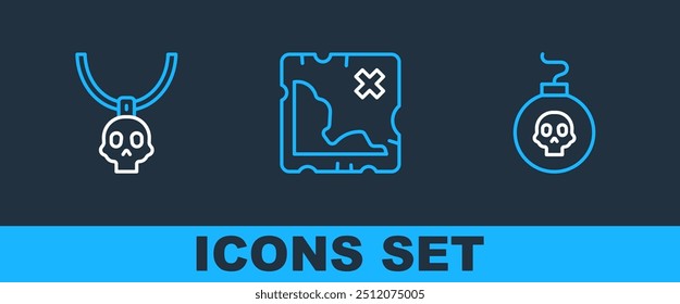 Definir linha Bomba pronta para explodir, Colar amuleto e Pirata ícone do mapa do tesouro. Vetor