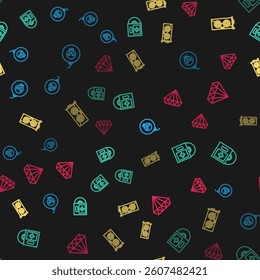 Set line Bomb ready to explode, CD or DVD disk in box, Video graphic card and Diamond on seamless pattern. Vector