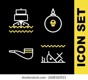 Set line Bomb ready to explode, Sunken ship, Smoking pipe and Ship icon. Vector