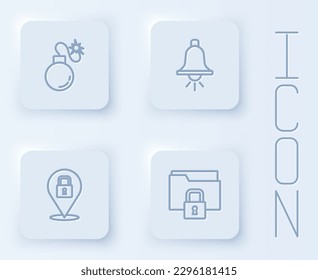 Set line Bomb, Ringing alarm bell, Lock and Folder and lock. White square button. Vector