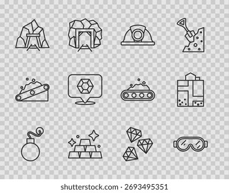 Set line Bomb, Safety goggle glasses, Miner helmet, Gold bars, entrance, Gem stone,  and  icon. Vector