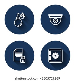 Set line Bomb, Security camera, Document and lock and Safe with long shadow. Blue circle button. Vector