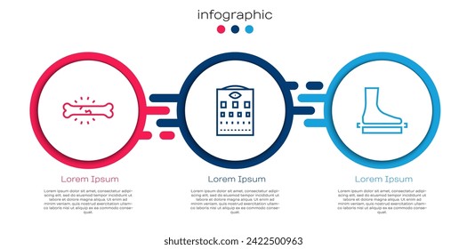 Set line Bone pain, Eye test chart and Flat foot. Business infographic template. Vector