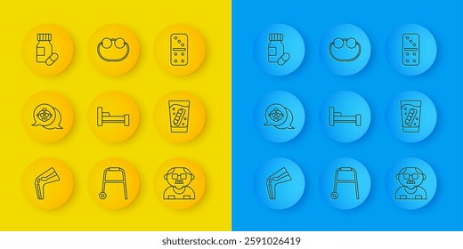 Set line Bone pain, Grandmother, Bed, Grandfather, False jaw glass, Medicine bottle pills, Domino and Eyeglasses icon. Vector