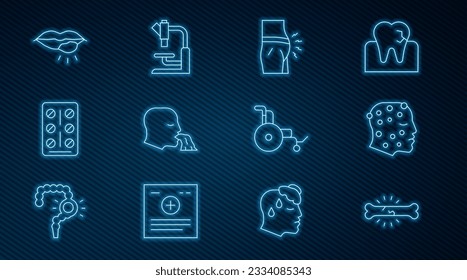 Set line Bone pain, Psoriasis or eczema rash, Abdominal bloating, Vomiting man, Pills blister pack, Herpes lip, Wheelchair and Microscope icon. Vector