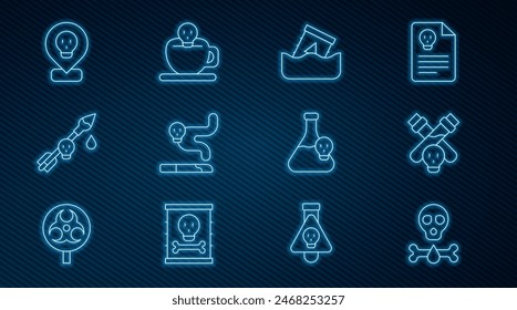 Set line Bones and skull, Bottle with potion, Radioactive waste in barrel, Cigarette, Poison the arrow, location, Beaker toxic liquid and Coffee cup icon. Vector