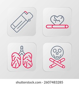 Set line Bones and skull, Disease lungs, Heart disease with smoking and Lighter icon. Vector