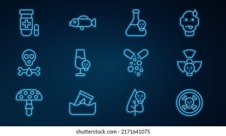 Set line Bones and skull, Radioactive, Beaker with toxic liquid, Poisoned alcohol, Antidote, pill and Puffer fish icon. Vector