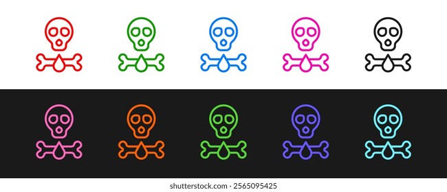 Set line Bones and skull as a sign of toxicity warning icon isolated on black and white background.  Vector