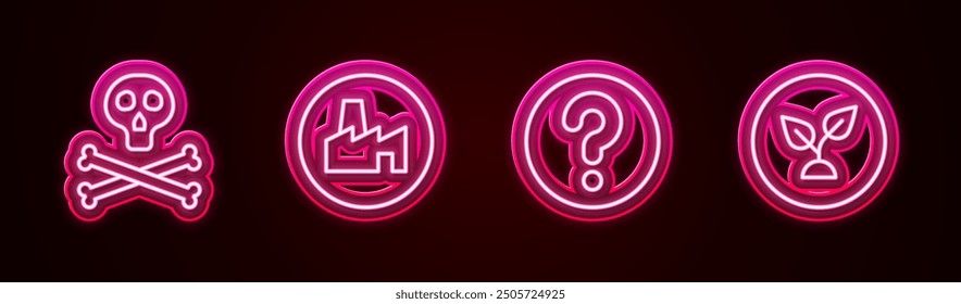 Set line Bones and skull warning, Factory production, Unknown search and Plant based. Glowing neon icon. Vector
