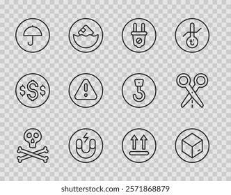 Set line Bones and skull warning, Carton cardboard box, Electric plug, Magnet, Delivery package with umbrella, Exclamation mark triangle, Temperature wash and Scissors cut line icon. Vector