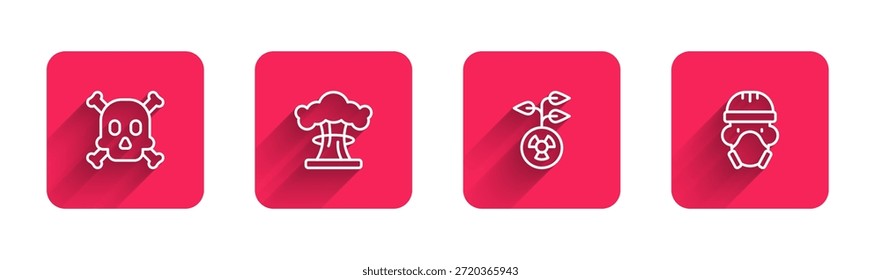 Set line Aviso de huesos y cráneo, Explosión nuclear, Radioactivo y trabajador de reactor con sombra larga. Botón cuadrado rojo. Vector
