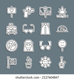 Fija la línea Bong, cara de sonrisa, carpa de turismo, Sin guerra, gafas de amor con forma de corazón, camioneta de camper hippie, Icono de ancho de Peace and Jeans. Vector