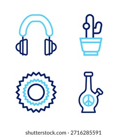 Set line Bong, Sun, Cactus and Headphones icon. Vector
