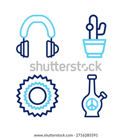 Set line Bong, Sun, Cactus and Headphones icon. Vector