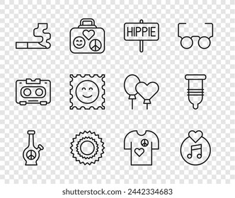 Set line Bong, disco de vinilo, paz, sol, cigarrillo, marca de ácido LSD, sello de impresión de camiseta e icono de condón. Vector