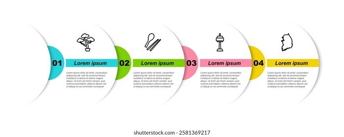 Set line Bonsai tree, Food chopsticks, N Seoul tower in South Korea and map. Business infographic template. Vector