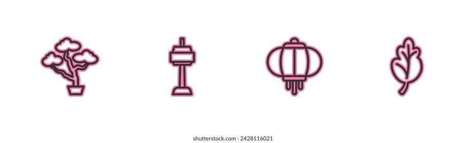 Set line Bonsai tree, Korean lantern, N Seoul tower in South and Kimchi icon. Vector