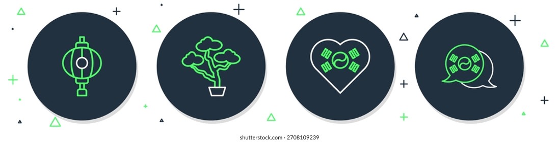 Árbol del bonsái de la línea del sistema, Corea del amor con el corazón, linterna coreana e icono de la bandera del sur. Vector