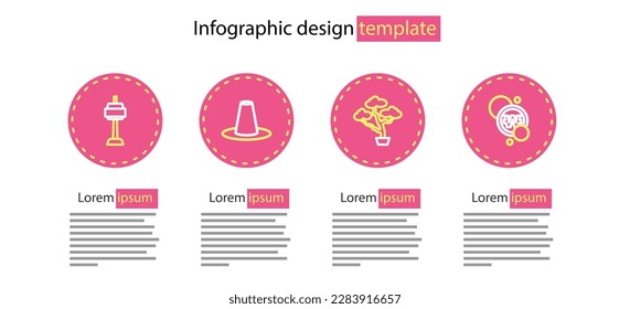 Set line Bonsai tree, South Korean won coin, hat and N Seoul tower icon. Vector