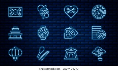Set line Bonsai tree, South Korean won coin, Love with heart, Ramen, temple, flag, Lock and  icon. Vector