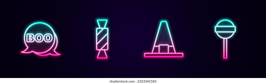 Set line Boo speech bubble, Candy, Witch hat and Lollipop. Glowing neon icon. Vector