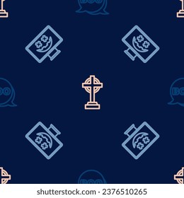 Set line Boo speech bubble, Happy Halloween holiday and Tombstone with cross on seamless pattern. Vector