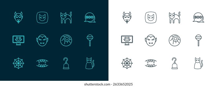 Burbuja del discurso del libro, dientes del vampiro, ojo, gancho del pirata, gato negro, cabeza del diablo e icono. Vector