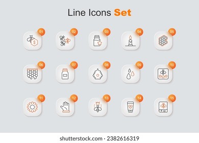 Set line Book about bee, Cosmetic tube with honey, Queen, Beekeeper glove, Flower, Type of, Drops and Hive for bees icon. Vector