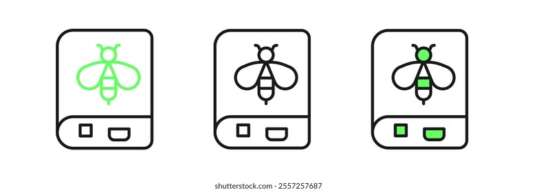 Set line Book about bee icon isolated on white background. Sweet natural food. Honeybee or apis with wings symbol. Flying insect.  Vector