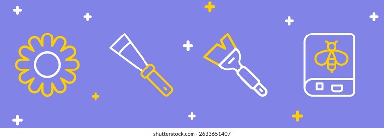 Set line Book about bee, Beekeeping brush, knife and Flower icon. Vector